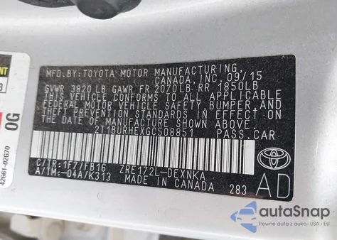 2016 Toyota Corolla Le из США, поврежденный, VIN 2T1BURHEXGC508851